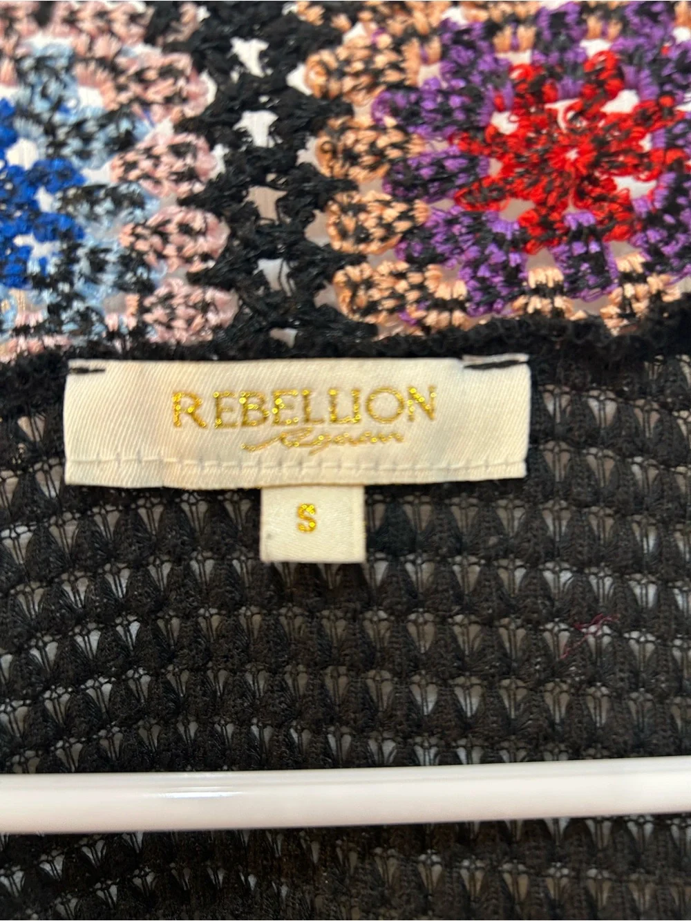 Rebellion‎ Again Rainbow Crochet Trim Black Cardigan Sweater Sz S Granny Square